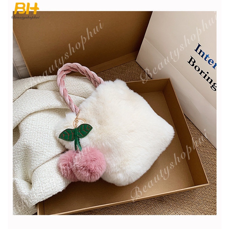 Túi Xách Bucket Phủ Bông Phối Dây Xích Thời Trang Thu Đông 2022 Dành Cho Nữ