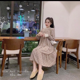 Váy bầu hoa nhí dài tay thu đông