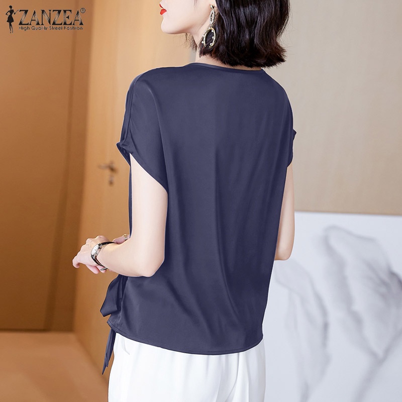 Áo kiểu ZANZEA vải satin tay ngắn cổ tròn ôm eo thời trang cho nữ