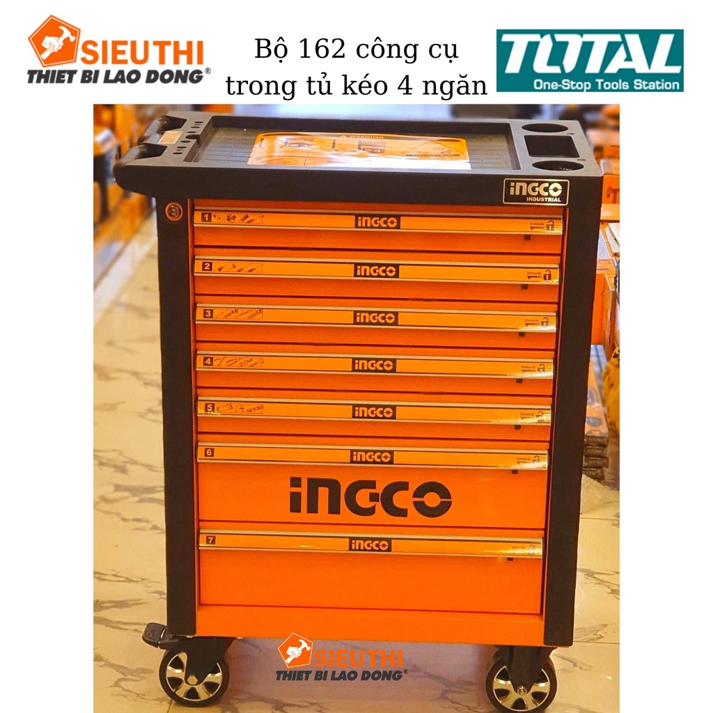 Tủ đồ nghề đa năng INGCO HTCS271621 162 chi tiết, thùng dụng cụ 7 ngăn kèm 162 đồ nghề sửa chữa