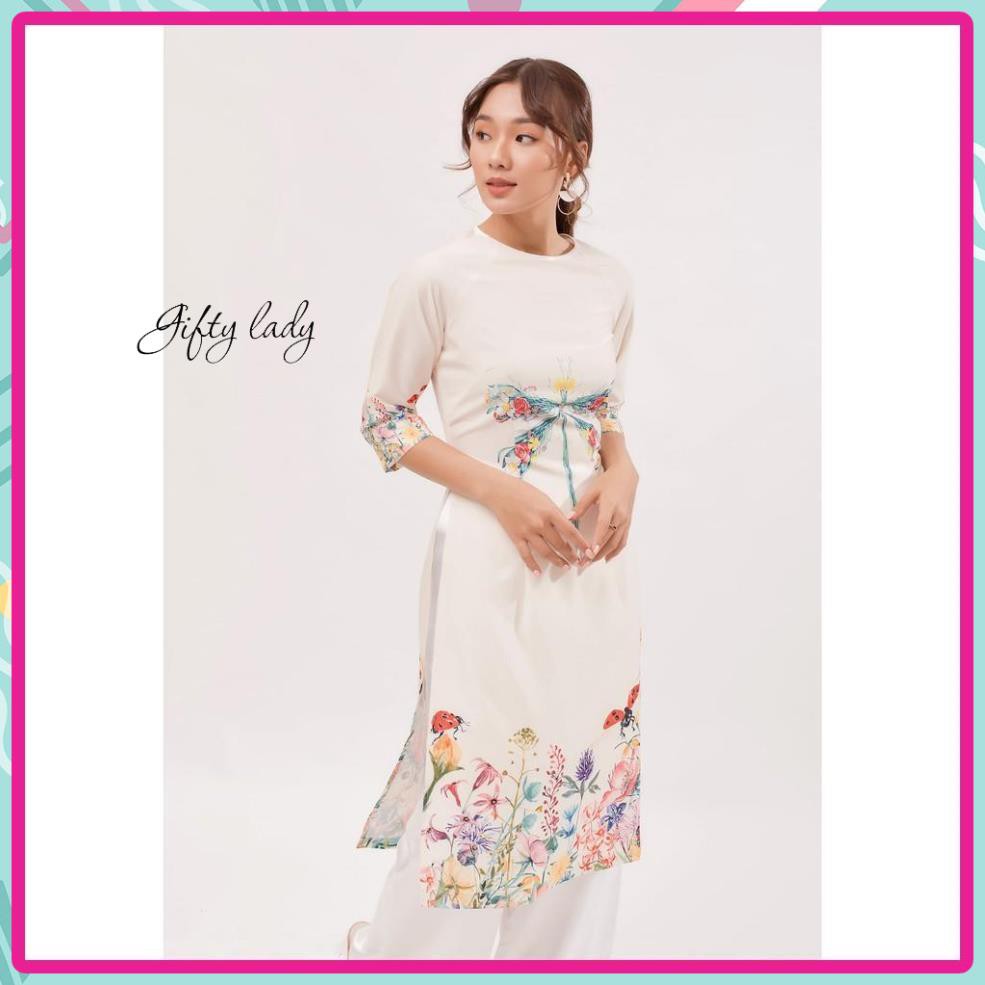 Áo Dài Nữ, Áo Dài Cách Tân Màu Kem Cổ Tròn Tay Lở Họa Tiết Bông Chân Lạ Mắt Trẻ Trung Cho Phái Nữ. | BigBuy360 - bigbuy360.vn