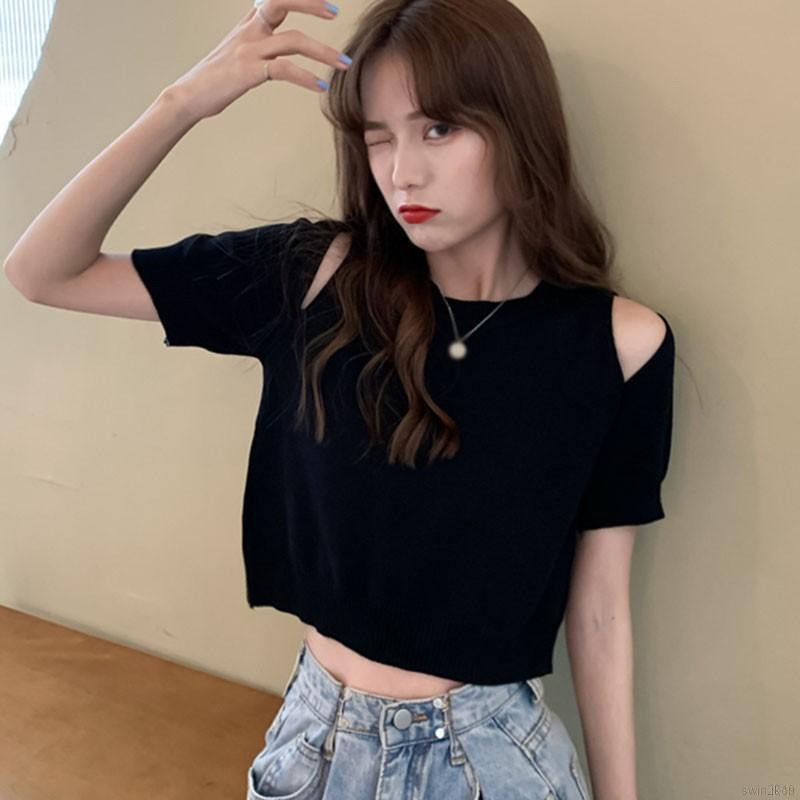 Women Off-the-shoulder Top Short Loose Knit  Solid Color Short-sleeved T-shirts