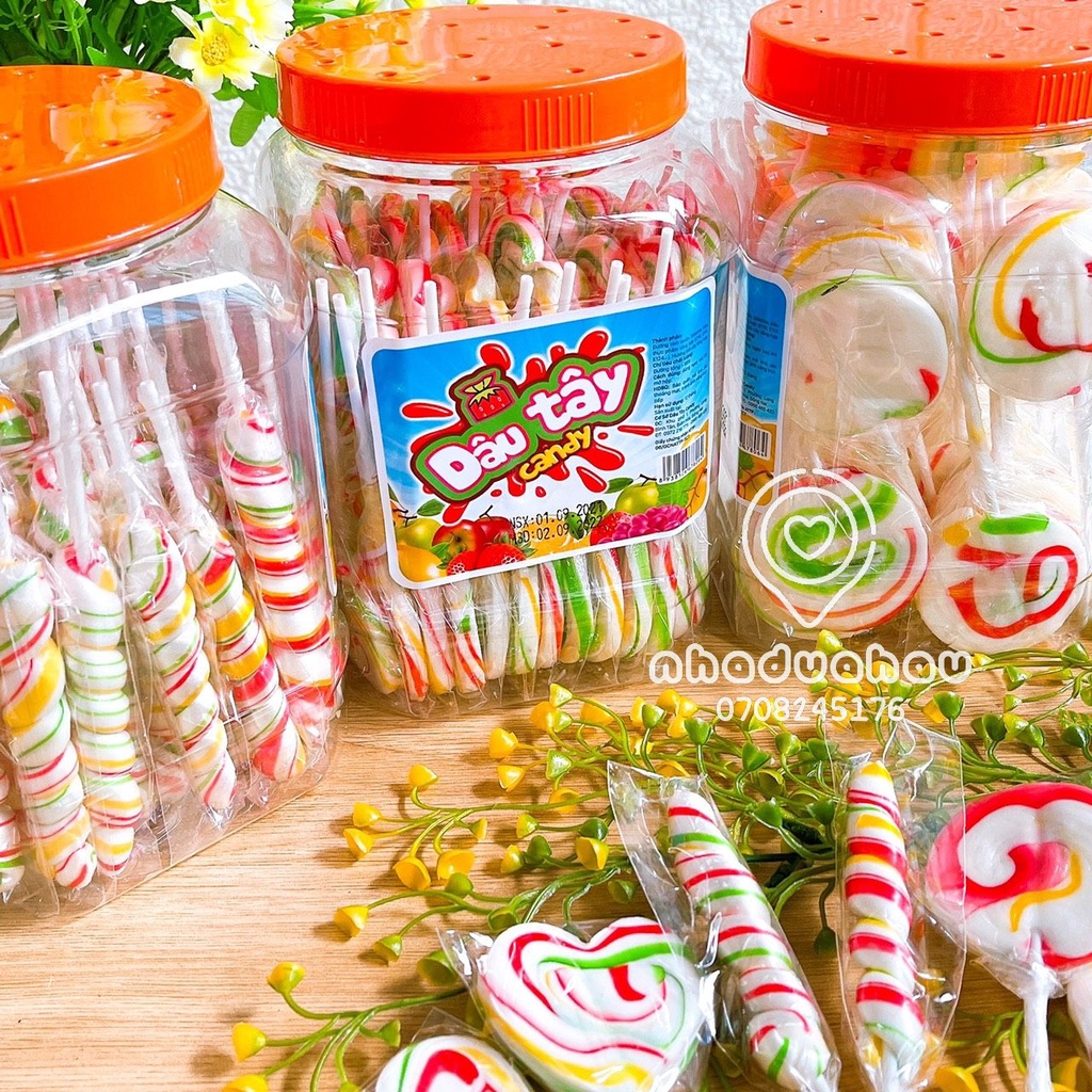 Một hủ gồm 50 cây kẹo mút sắc màu dễ thương trẻ em hàng công ty Việt Nam que 50g