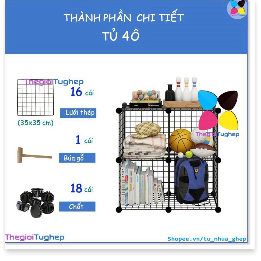 Halinhco- Tủ lưới sắt lắp ghép đa năng hiện đại để sách, đồ dùng trang trí phòng làm việc 4 ô lắp hình vuông (16 lưới +