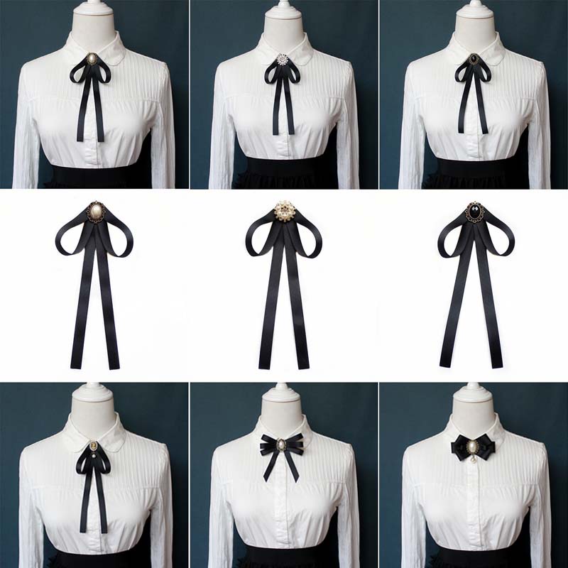 Nơ Cài Cổ Áo Đính Đá Pha Lê Và Ngọc Trai Màu Đen Phong Cách Hàn Quốc Cho Nữ