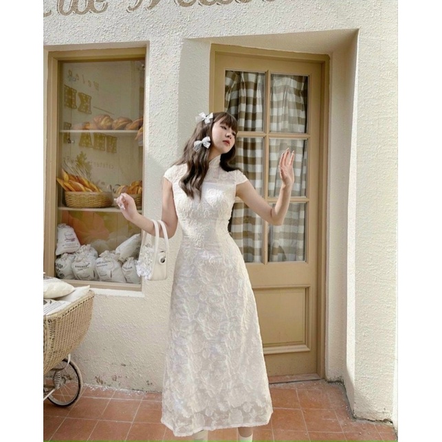 Đầm midi trắng gấm hoa cổ tàu tay tiên,váy nữ siêu xinh đi tiệc bao sang