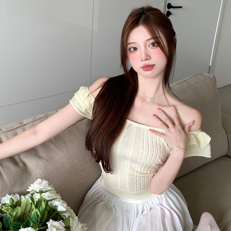 Áo Thun Dệt Kim Tay Ngắn Hai Màu Sắc Phong Cách Hàn Quốc Dành Cho Nữ
