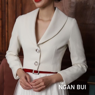Áo khoác croptop trắng thiết kế cao cấp dạ tweed phong cách tiểu thư vintage hai lớp