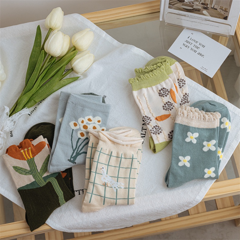 Vớ Cotton Mỏng Họa Tiết Hoa Xinh Xắn Thời Trang Mùa Xuân Cho Nữ