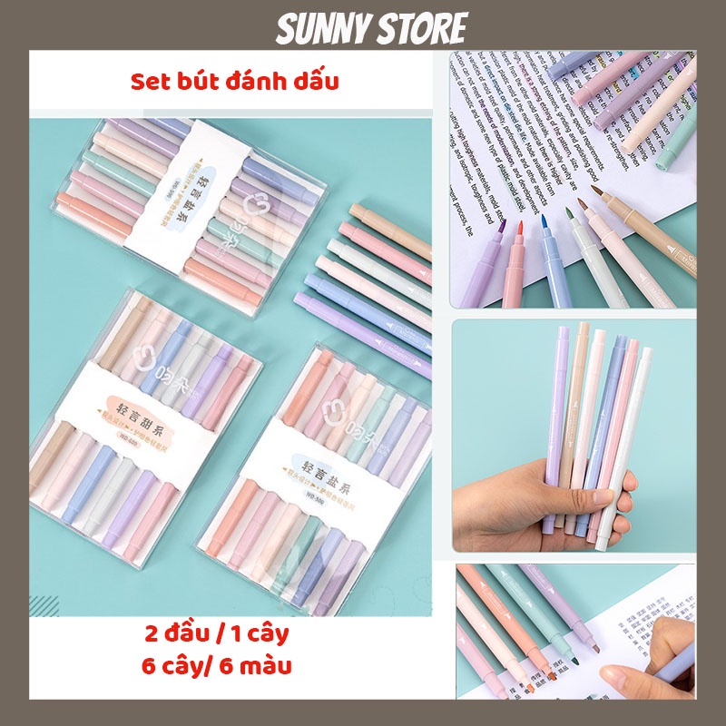 Set 6 bút đánh dấu, bút màu ghi chú tiện lợi cho học sinh, sinh viên SUNNYSTORE