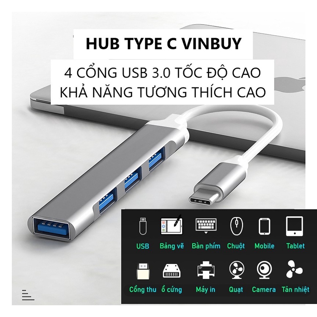 [GIAO 2H HÀ NỘI] HUB TYPE C Và HUB USB 3.0 Tốc Độ Cao Chia 4 Cổng VinBuy, HUB Chuyển Đổi Dành Cho Macbook Pro Laptop PC
