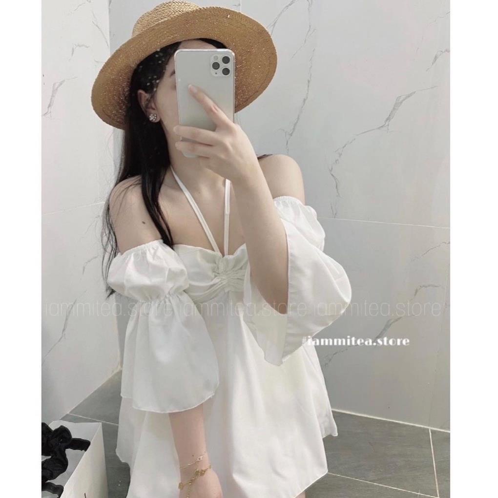 Áo Trễ Vai Tay Bồng Dáng Xòe Chữ A Rút Dây Giữa Ngực Tiểu Thư So Cute | BigBuy360 - bigbuy360.vn