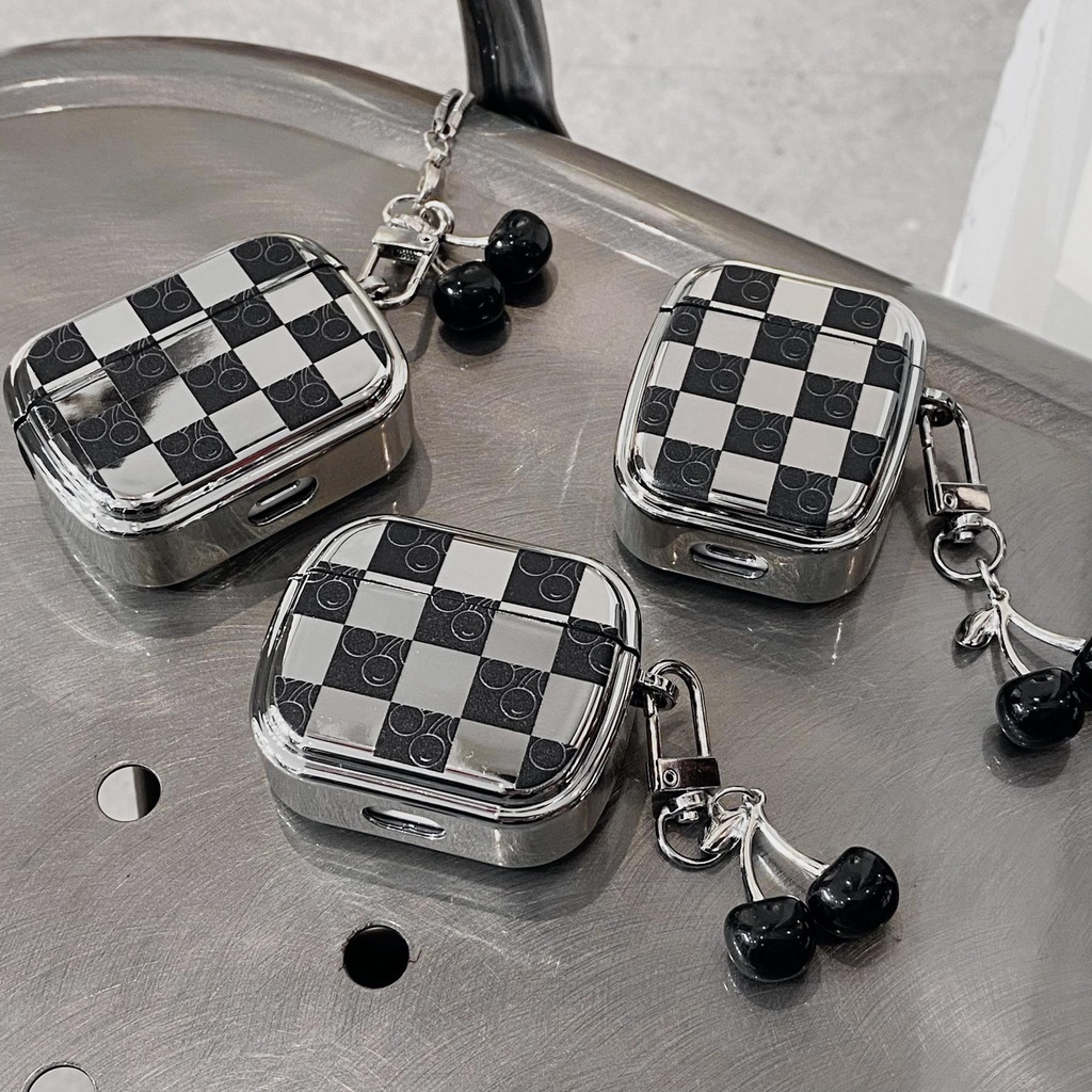 Vỏ Bảo Vệ Hộp Sạc Tai Nghe AirPods 1 2 Pro 3 2021 Bluetooth Bằng TPU Mềm Mạ Điện Họa Tiết Cherry Phối Sọc Caro Sáng Tạo