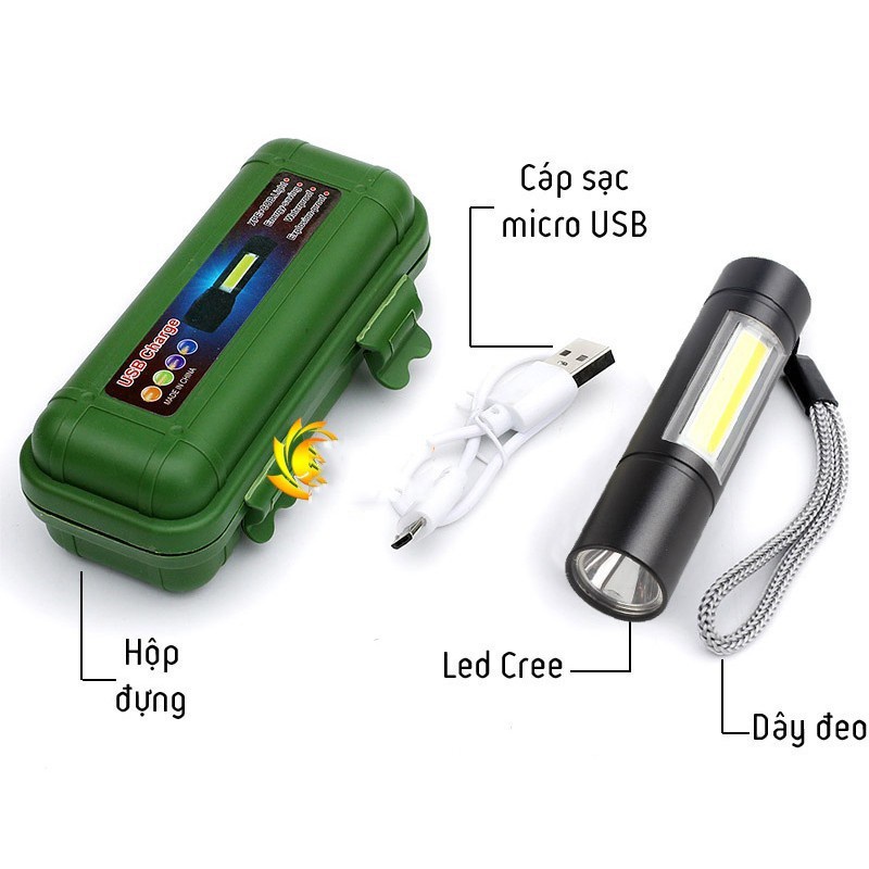 Đèn pin mini cầm tay siêu sáng pin sạc usb nhiều chế độ đèn bin siêu sáng cao cấp tặng kèm hộp loại tốt giá rẻ