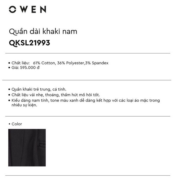 Quần Kaki Nam Dài Owen quần thô Cao Cấp Dáng Ôm Thanh Lịch Chất Cotton QKSL21999 màu Be QKSL21993 Màu Đen