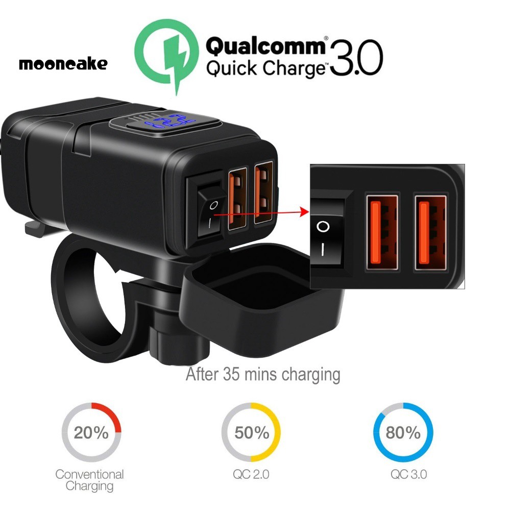 Tẩu Sạc Hai Cổng Usb Qc3.0 Có Vôn Kế Cho Xe Mô Tô