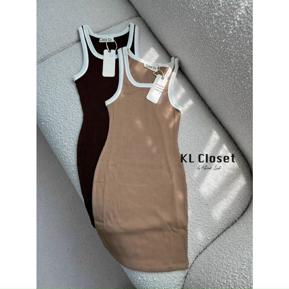 Đầm body nữ thun gân dáng ngắn phối viền màu hot kiểu 2 dây bản lớn