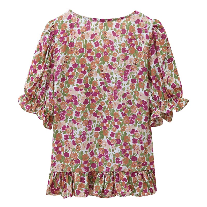 S-XXL 2021 New Purple Orange Floral Chiffon Korean Fashion Summer Casual Short Sleeve Blouse Tops for Women Office Lady Clothes