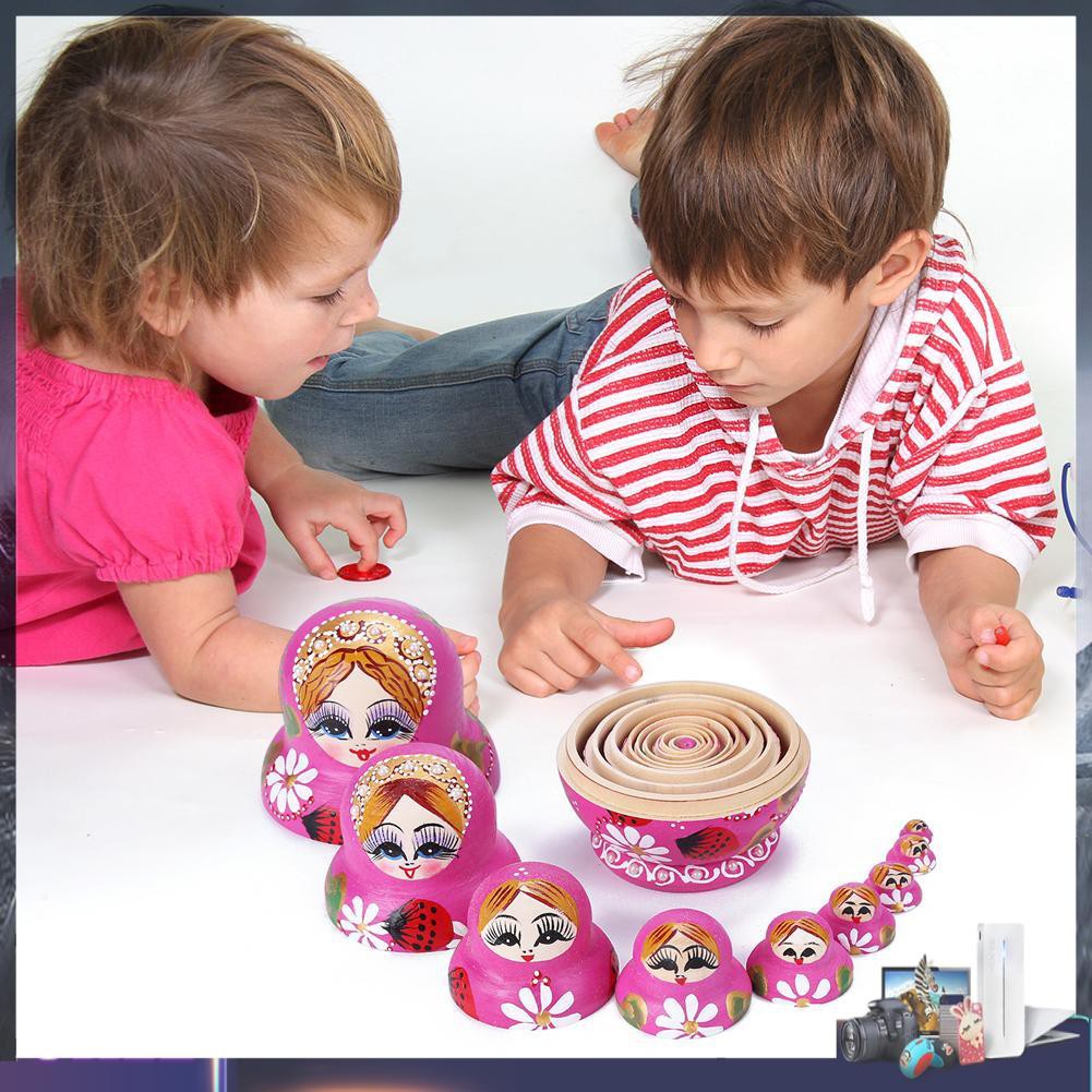 Set 10 búp bê Nga bằng gỗ sáng tạo họa tiết xinh xắn nhiều kích cỡ