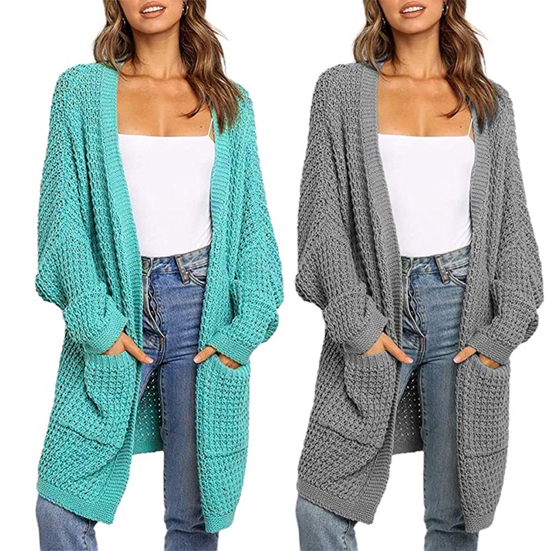 Xiangbao Áo Khoác Cardigan Dệt Kim Dáng Dài Tay Cánh Dơi Mở Phía Trước Màu Khố