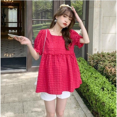 Bộ Đồ bầu babydoll kẻ hồng trẻ trung năng động