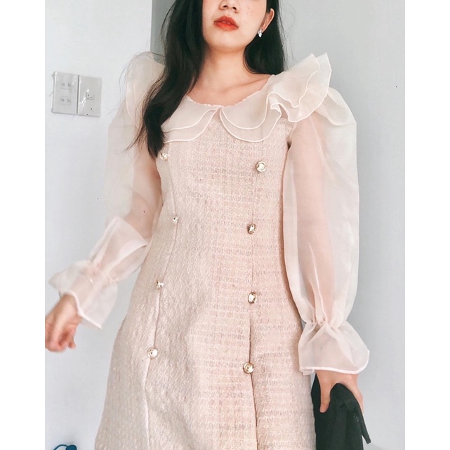 [THIẾT KẾ CAO CẤP]Váy dạ tweed tiểu thư phối tay phồng tơ organza đính nút ngọc chảnh,Váy dạ tweed ngọc tay phồng cổbèo | BigBuy360 - bigbuy360.vn