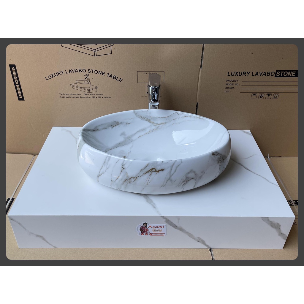 Chậu rửa mặt - Lavabo elip đặt bàn họa tiết vân đá trắng KT 50x31, 40x30cm