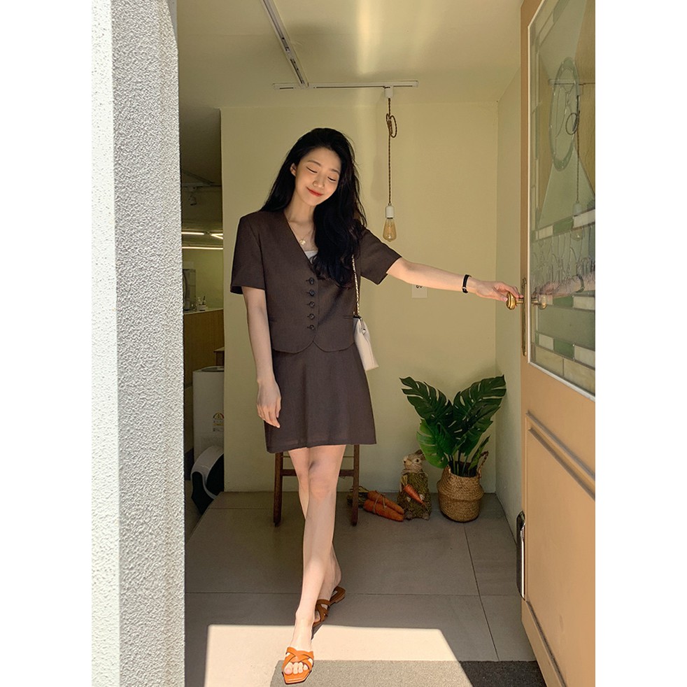 Áo Vest Blazer Cổ tim Retro Kiểu Pháp + Chân váy trơn ngắn Lưng cao Mùa Hè Ulzzang Hàn Quốc Thời trang