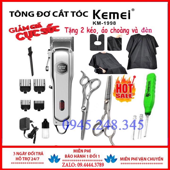 Tông đơ cắt tóc chuyên nghiệp Kemei KM-1998 phiên bản pro Pin 2000mAh, máy siêu nhẹ siêu mạnh siêu êm