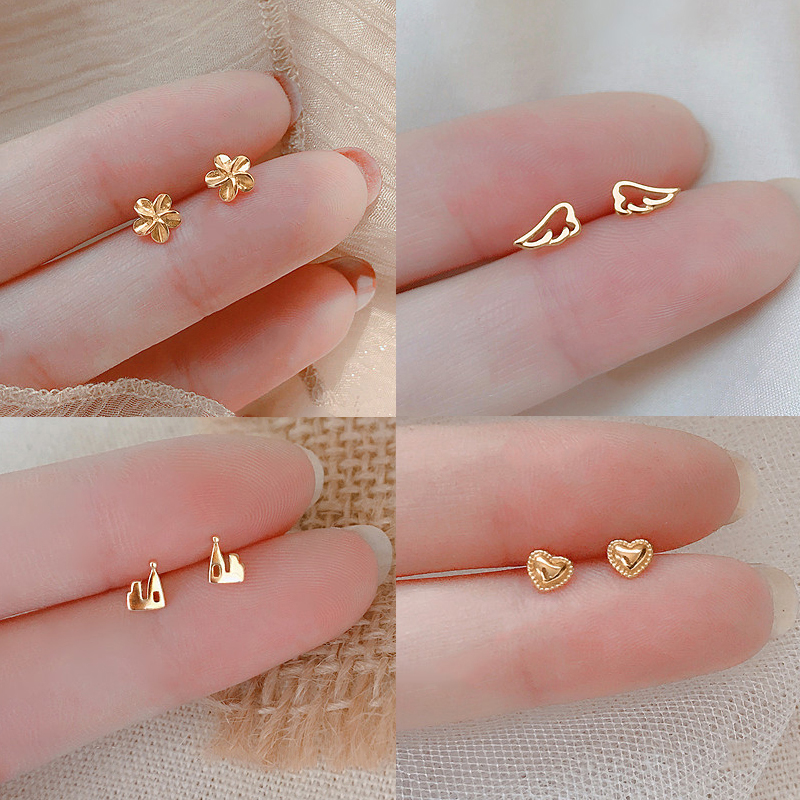 Đôi Khuyên Tai Xỏ Màu Vàng Hình Trái Tim / Hoa Phong Cách Hàn Quốc Xinh Xắn Xắn Cho Bạn Gái