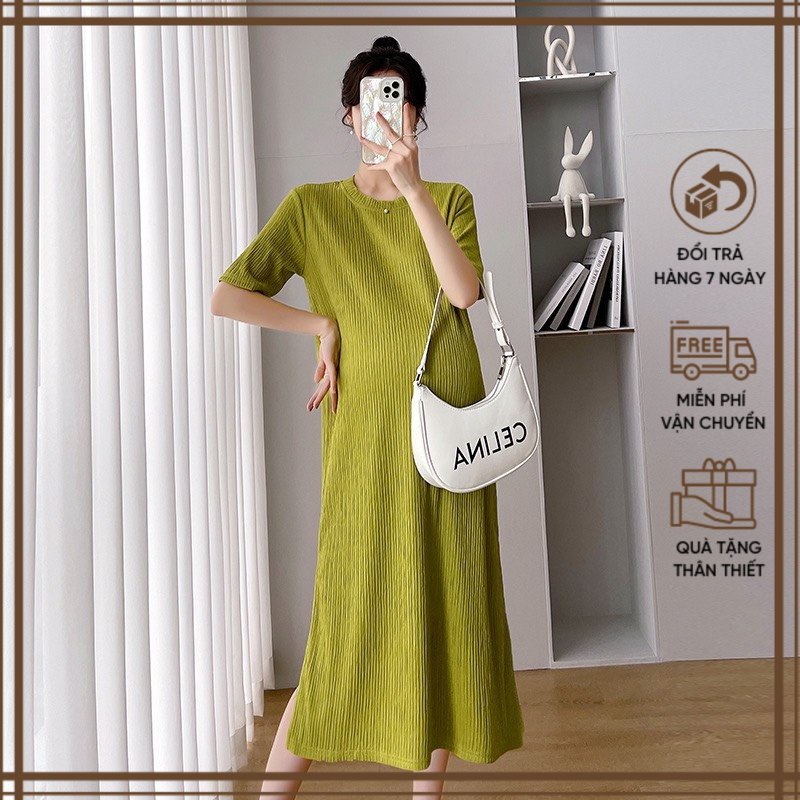 Đầm bầu cổ tròn dáng rộng cho mẹ khoảng 5 tháng chất liệu cotton thoáng mát