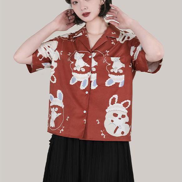 Áo sơ mi voan tay ngắn cổ chữ V in họa tiết hoạt hình phong cách Nhật Bản thời trang cho nữ