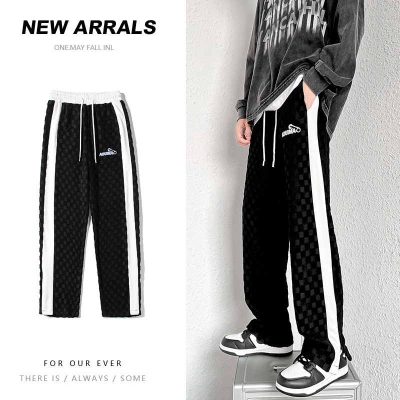 Quần ống rộng Xẻ Tà Họa Tiết Sọc Caro Thời Trang Phong Cách Hàn Quốc Cho Nam Và Nữ