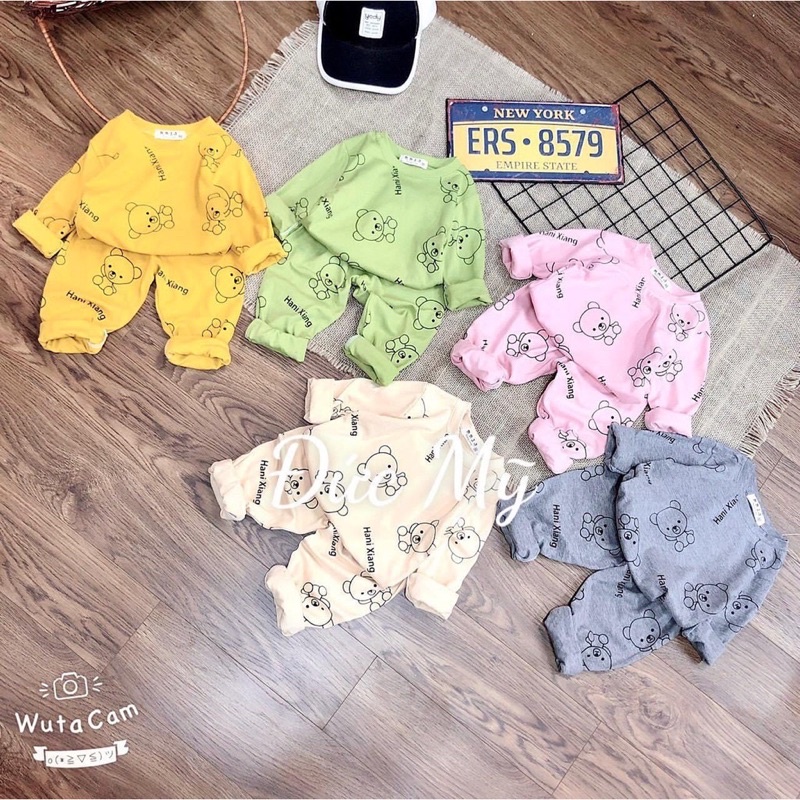 Bộ cotton thun tăm dài tay cổ tròn in tràn hình gấu cho bé từ 8-18kg