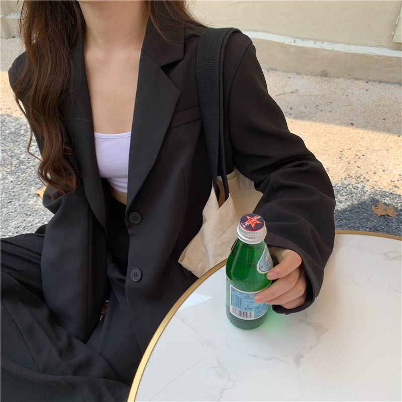 Phiên bản Hàn Quốc của bộ đồ đường phố màu đen lỏng lẻo nhỏ phụ nữ mỏng thường xuyên mùa xuân và thu áo khoác m