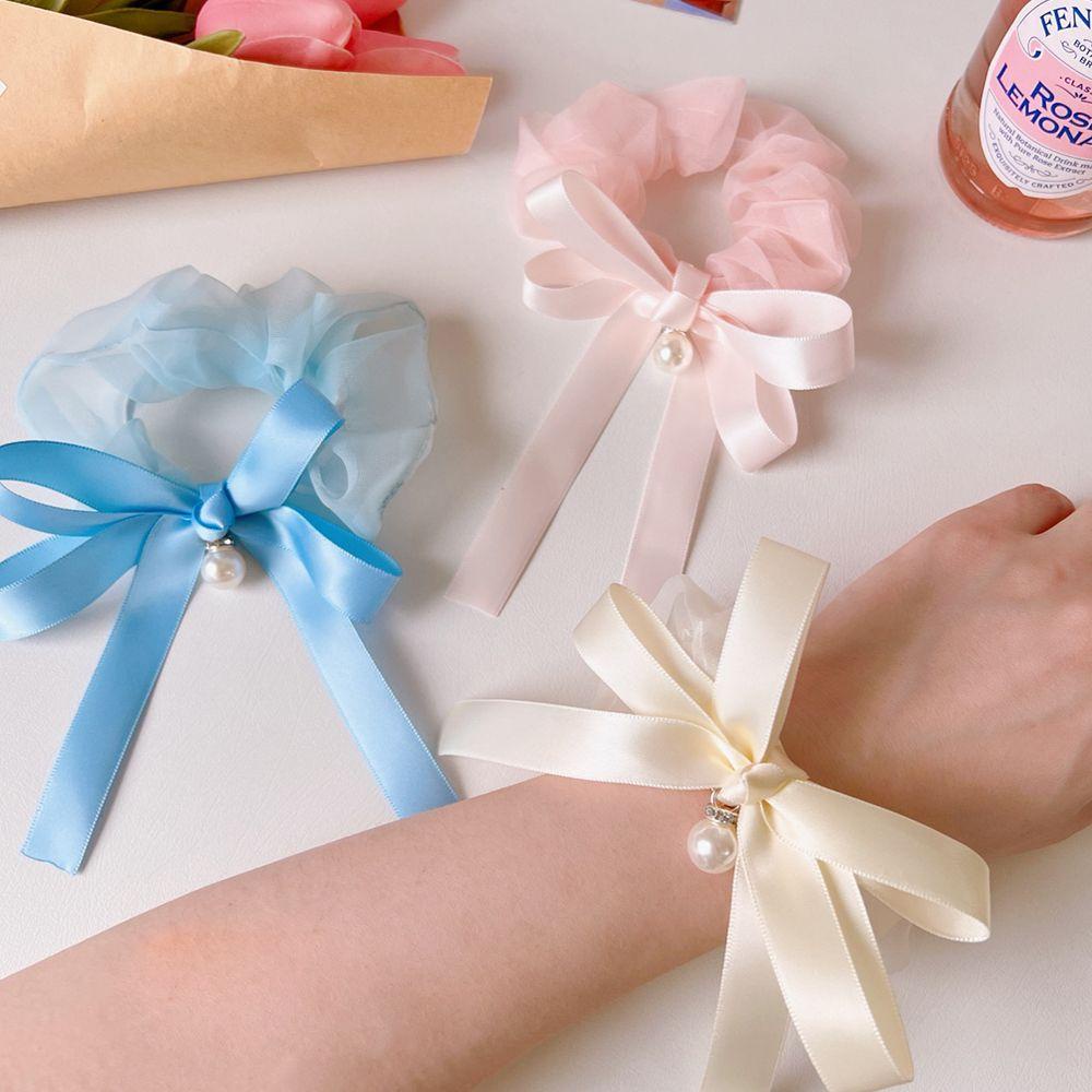 Dây Buộc Tóc Đính Nơ Ruy Băng Màu Kem Phong Cách Hàn Quốc Đơn Giản
