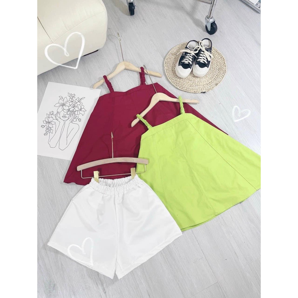 Sét áo 2 dây xòe chữ A kèm quần short trắng chất thô mềm về màu cốm, đỏ phong cách ulzzang hàn quốc