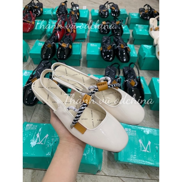 Giày Búp Bê Mũi Tròn Hở Gót Chất Da Bóng Sang Chảnh Full Box