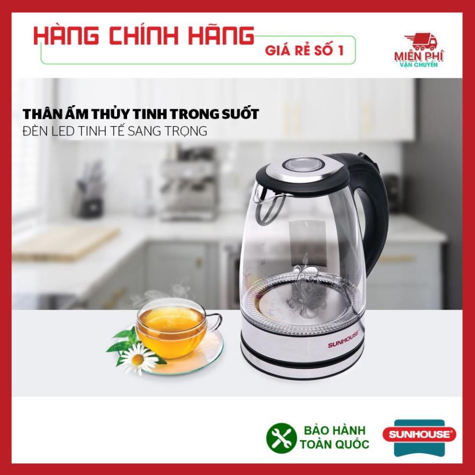 ẤM SIÊU TỐC, BÌNH ĐUN SIÊU TỐC THỦY TINH SUNHOUSE SHD1217 1,8 LÍT, THÂN BÌNH LÀM BẰNG THỦY TINH TRONG SUỐT