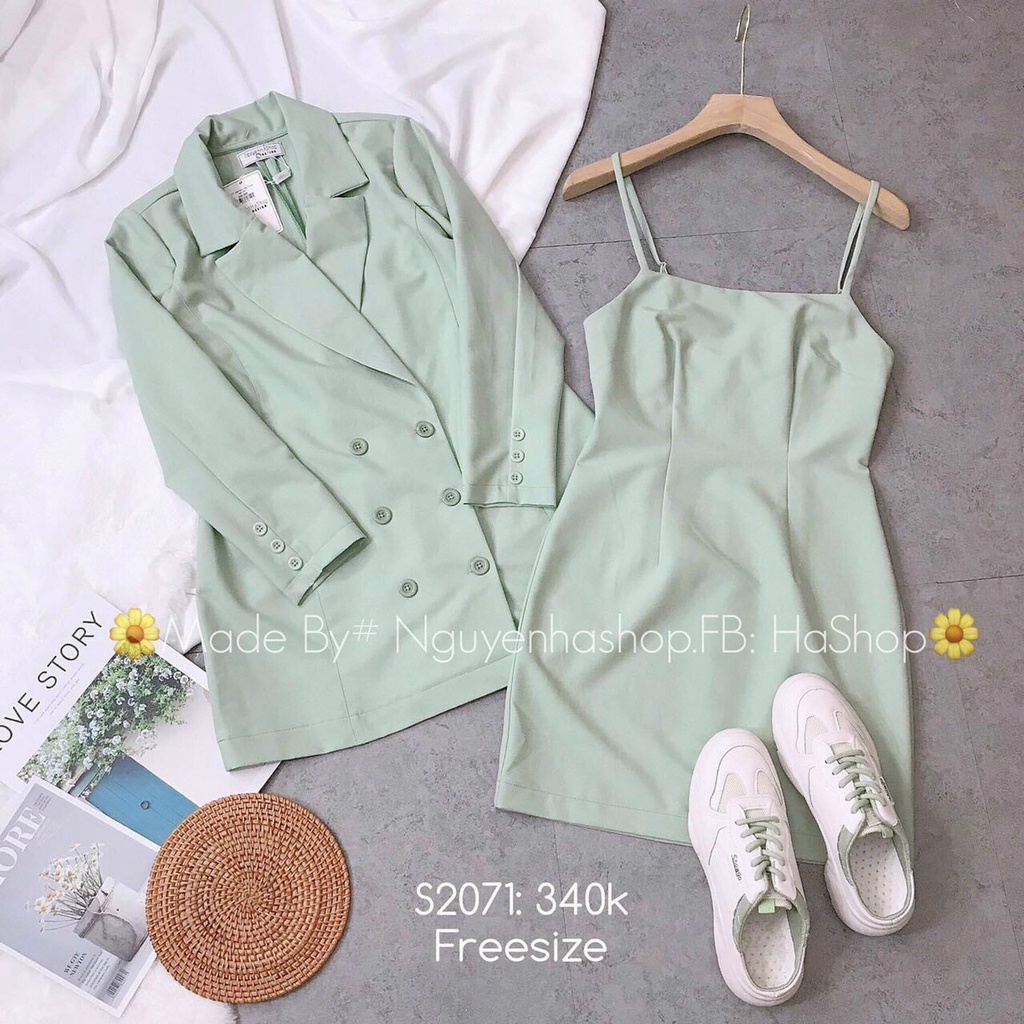 Sét đầm nữ 2 dây from ngắn ôm body kèm áo khoác vest ngoài tay dài phối nút 2 hàng trẻ trung, lịch sự cho nàng công sở