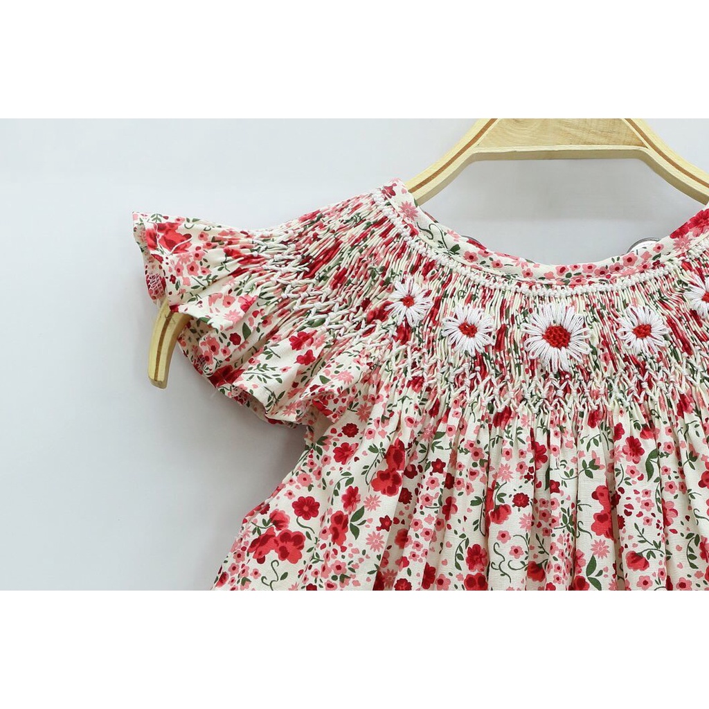 Váy Đầm Cho Bé Gái, Đầm Smock Thêu Tay Kiểu Cánh Tiên Họa Tiết Hoa Cúc Bánh Bèo Dễ Thương Size 1 Tuổi -10 Tuổi