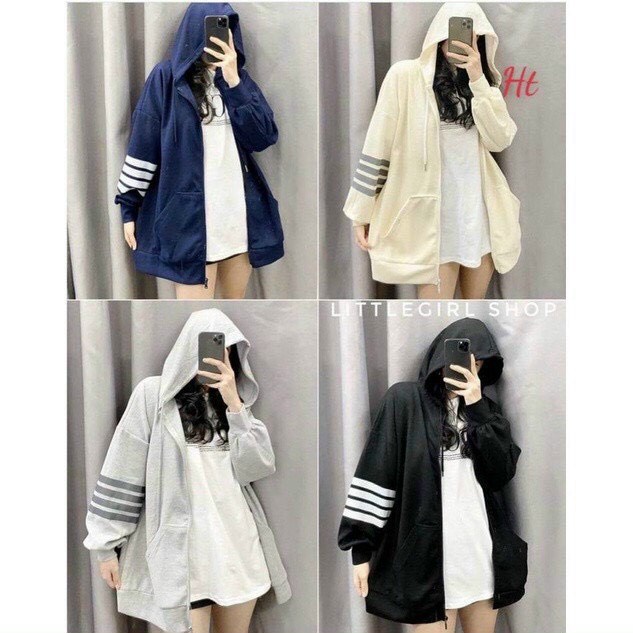 Áo Hoodie Nỉ ngoại  Nữ có nón tay 3 sọc From Rộng chất Vải Dày Dặn Ấm Áp - Minastore