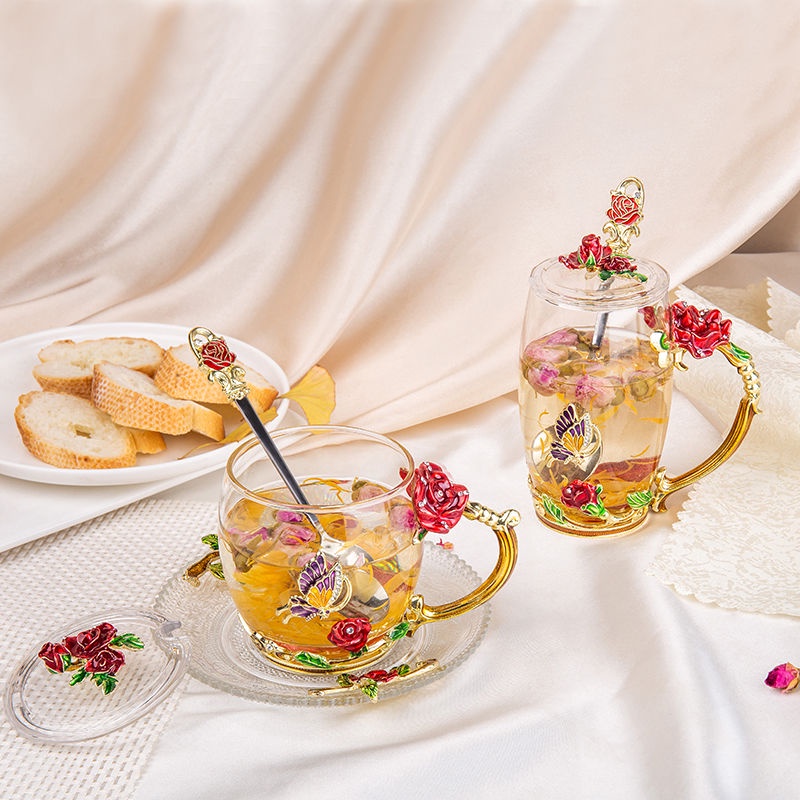 Hộp quà tặng hoa hồng men phong cách Châu Âu có nắp đậy tách trà nha cặp đôi uống ly Đặt cốc nước trái cây cô gái