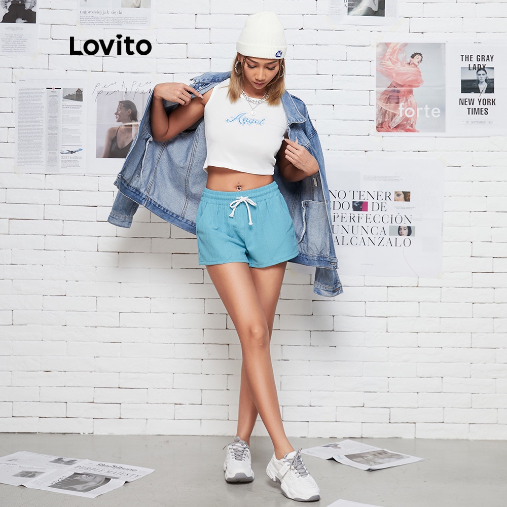 Quần ngắn Lovito màu trơn dáng rộng có dây rút thoải mái phong cách thể thao L08200 (Màu xanh dương)