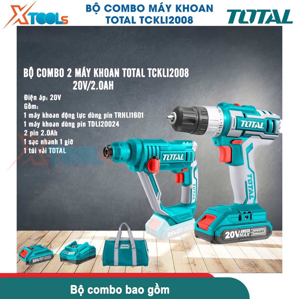 Bộ máy khoan cầm tay TOTAL TCKLI2008 gồm 2 máy khoan pin 20V, kèm 2 pin 2.0Ah 1 sạc, dùng khoan đục gỗ-CHÍNH HÃNG-XTOOLS