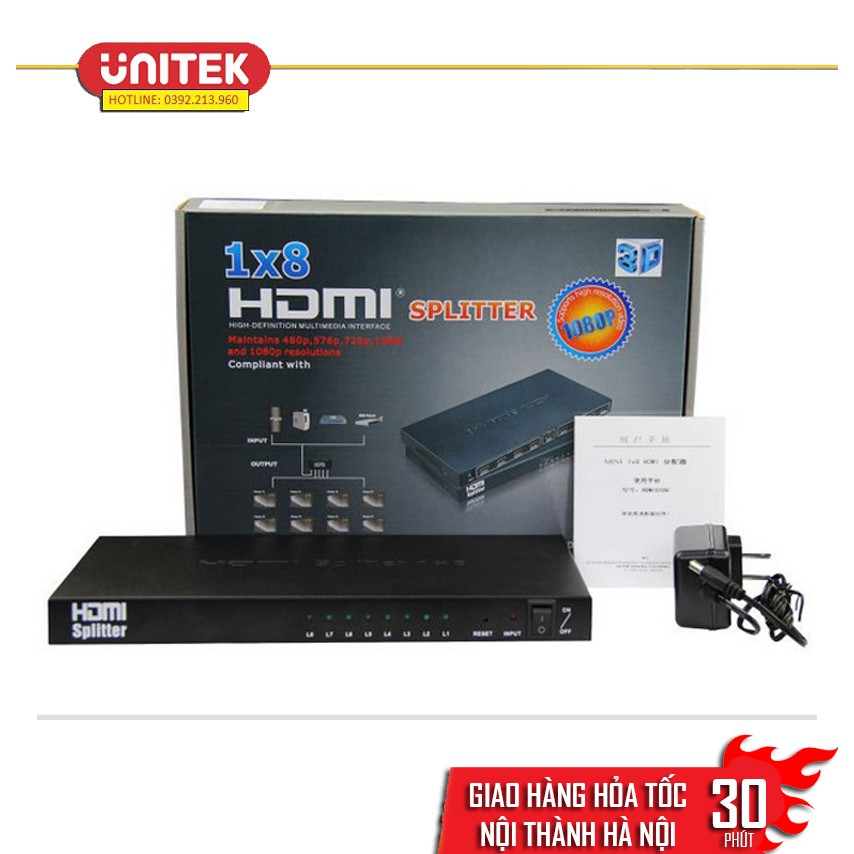 Bộ chia HDMI 1 ra 8 FULL HD 1080 HỖ TRỢ 3D - chia cổng ra 8 màn hình TV, máy chiếu