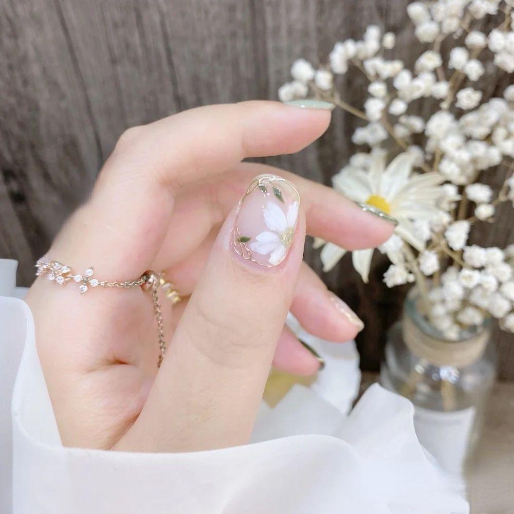 Bộ Móng Tay Giả Che Phủ Toàn Diện Họa Tiết Hoa Trà Đào Xinh Xắn