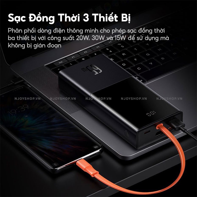 Sạc Dự Phòng 20000mAh Sạc Nhanh 65W Led Báo Pin BASEUS Elf Digital Display 3 Cổng Sạc Cho iPhone Samsung Xiaomi Oppo