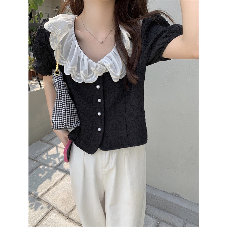 Áo sơ mi SUXI tay phồng cổ chữ V màu sắc trơn phong cách vintage Hàn Quốc cho nữ