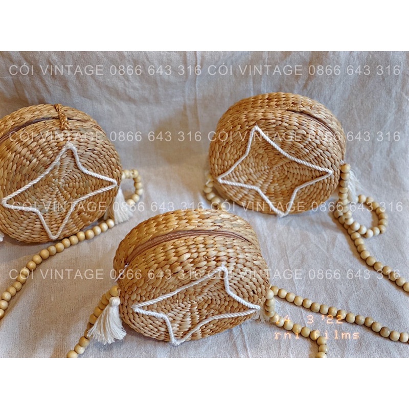 Bán sỉ Túi lục bình trống tròn đính quả chuông macrame dây gỗ đeo chéo